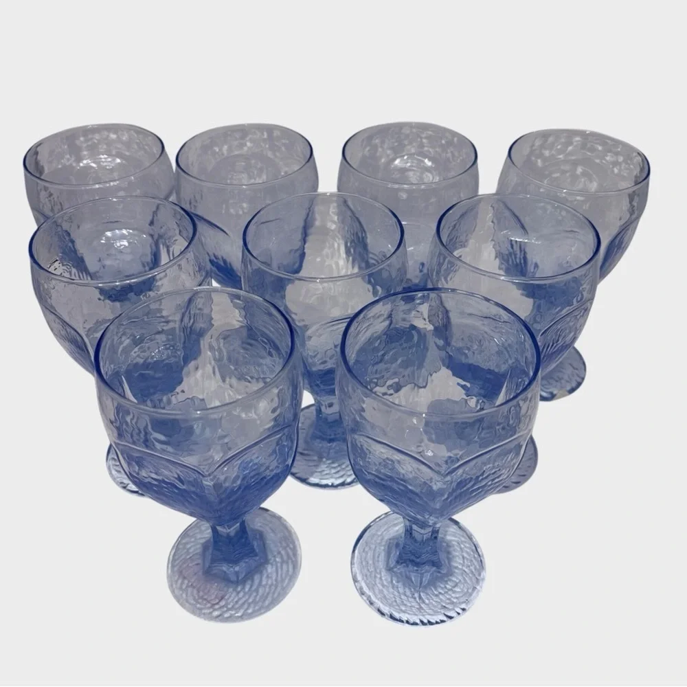 Set of 9 Blue Textured Glass Goblets | Vintage Style Stemmed Wine Water Glasses